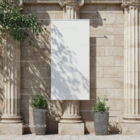 Blank Vertical Banner Between Classical Stone Columns Outdoors