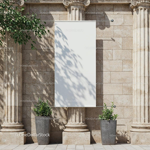 Blank Vertical Banner Between Classical Stone Columns Outdoors JPG Mockup Image