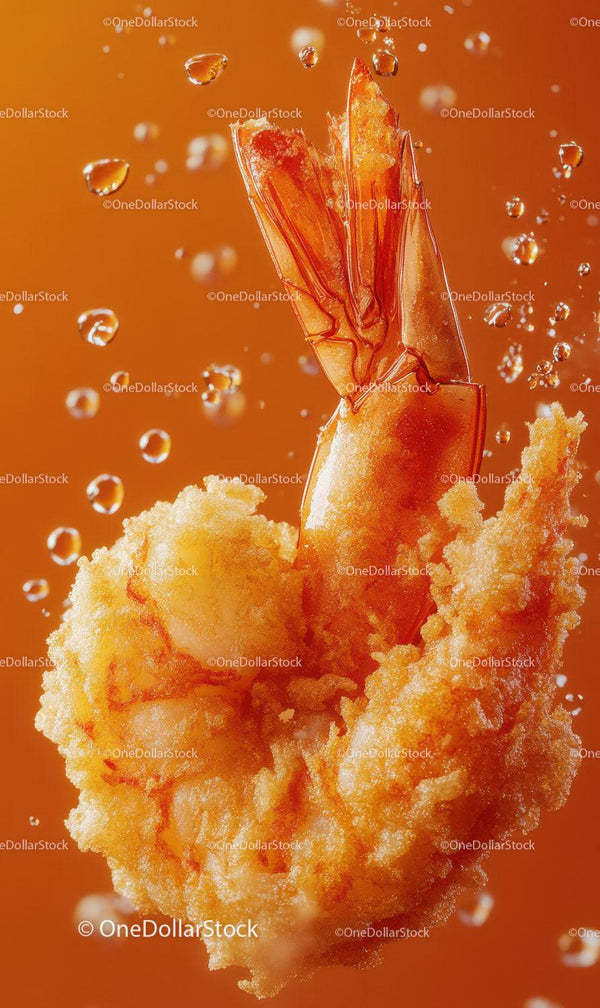 Golden Fried Shrimp with Crispy Breading Against Vibrant Orange Background
