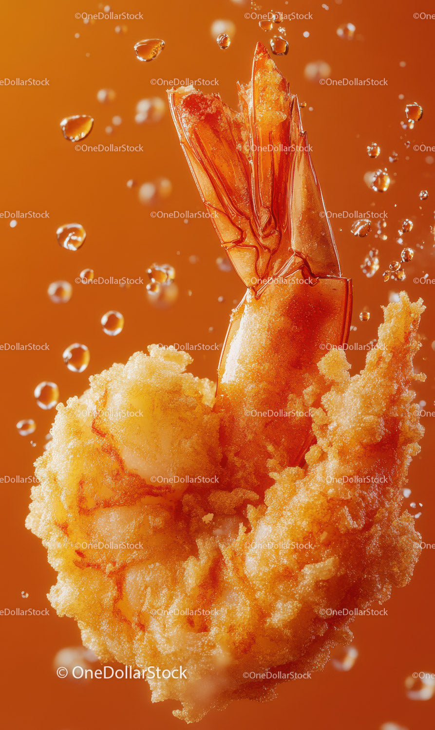Golden Fried Shrimp with Crispy Breading Against Vibrant Orange Background