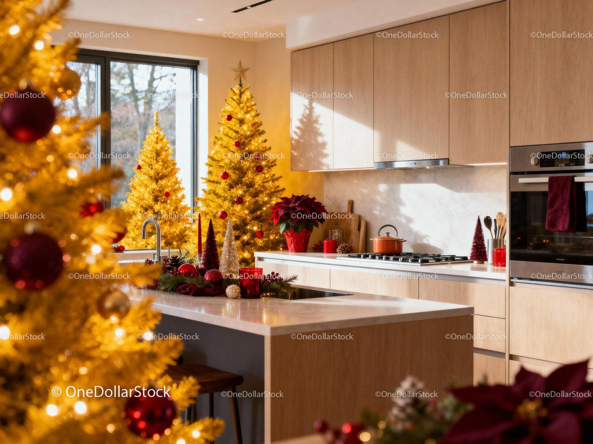 Modern kitchen decorated with festive golden Christmas trees