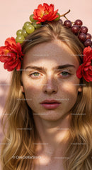 Beautiful Woman Wearing Floral Crown with Red Alstroemeria and Grape Flowers
