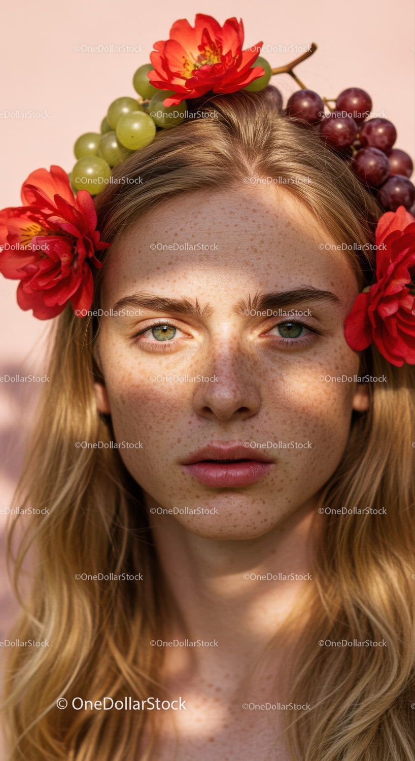 Beautiful Woman Wearing Floral Crown with Red Alstroemeria and Grape Flowers