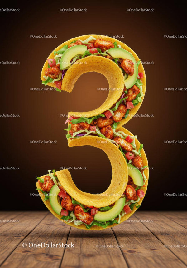 Number three shaped crispy taco filled with fresh ingredients