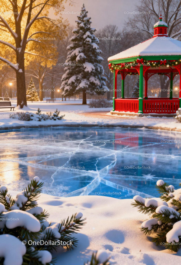 Winter Park with Snowy Gazebo and Frozen Pond