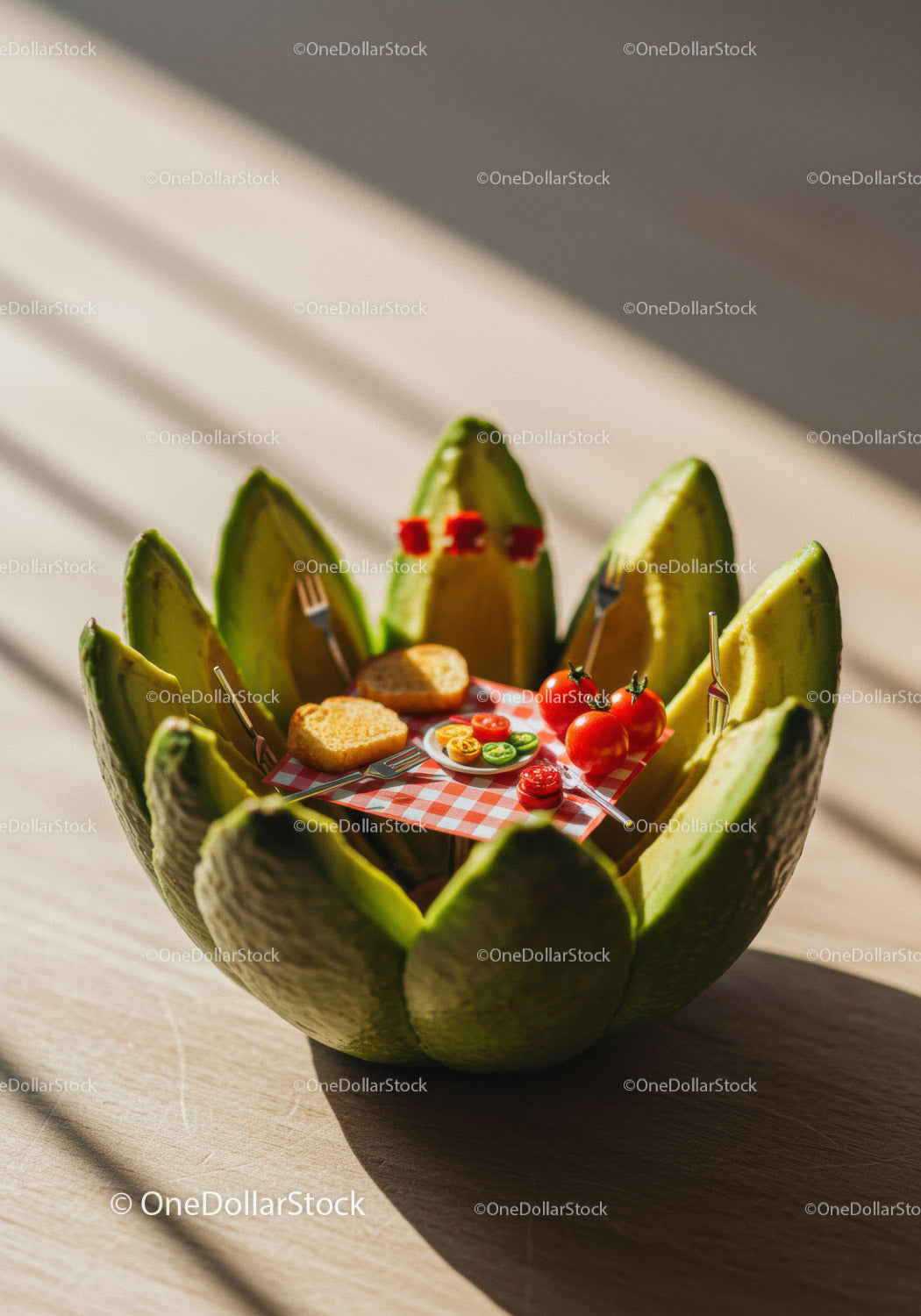 Miniature Picnic Setup Inside Avocado Shell Bowl