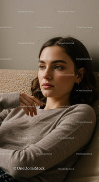 Young woman relaxing on sofa with thoughtful expression