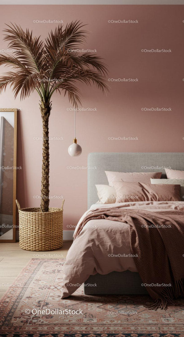 Elegant Bedroom with Large Potted Palm Tree and Soft Pink Decor