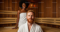 Happy Young Couple Relaxing in Sauna During Wellness Session