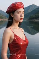 Elegant Young Woman in Red Dress and Beret Near Mountain Lake