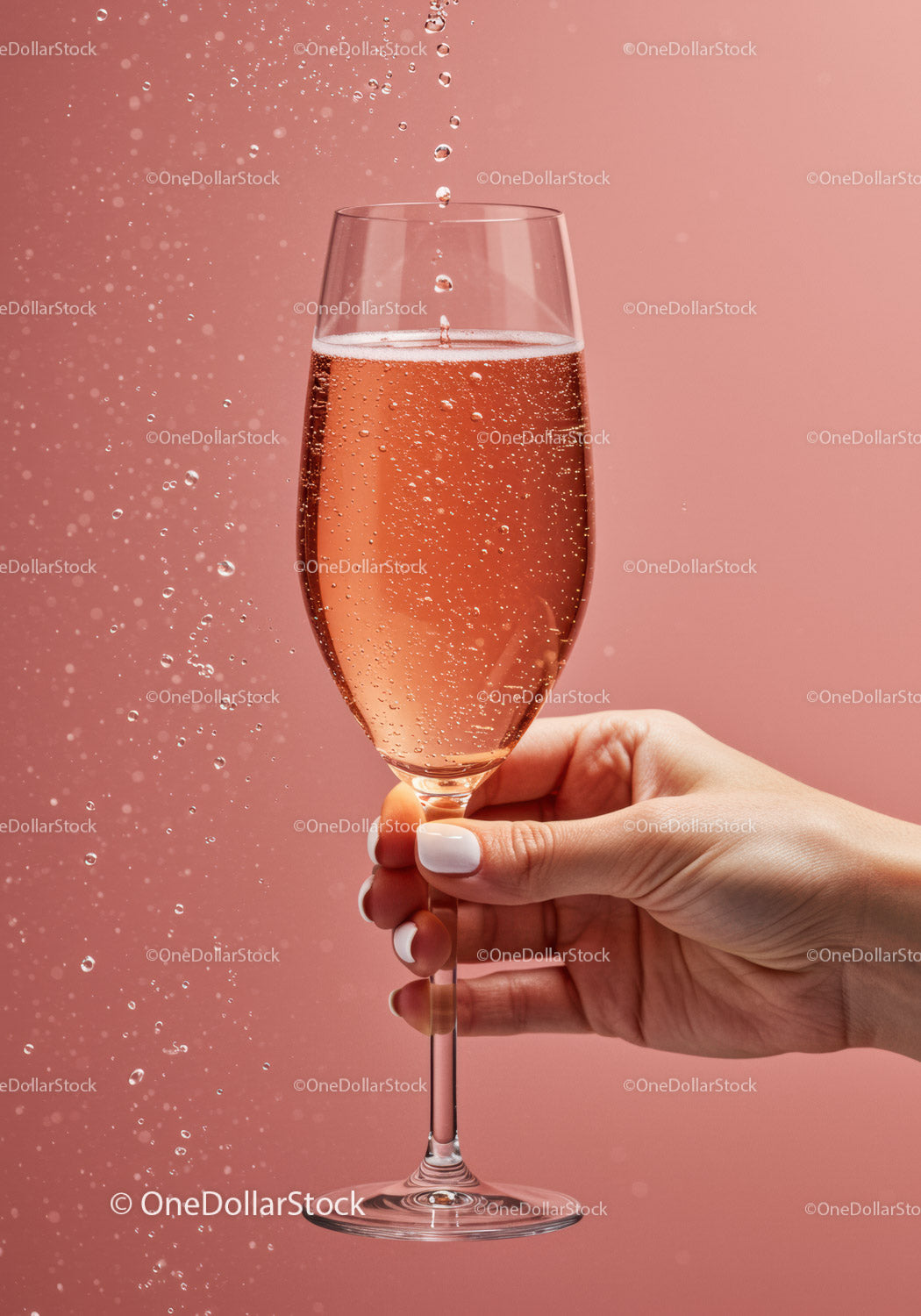 Woman holding sparkling rose wine glass with bubbles