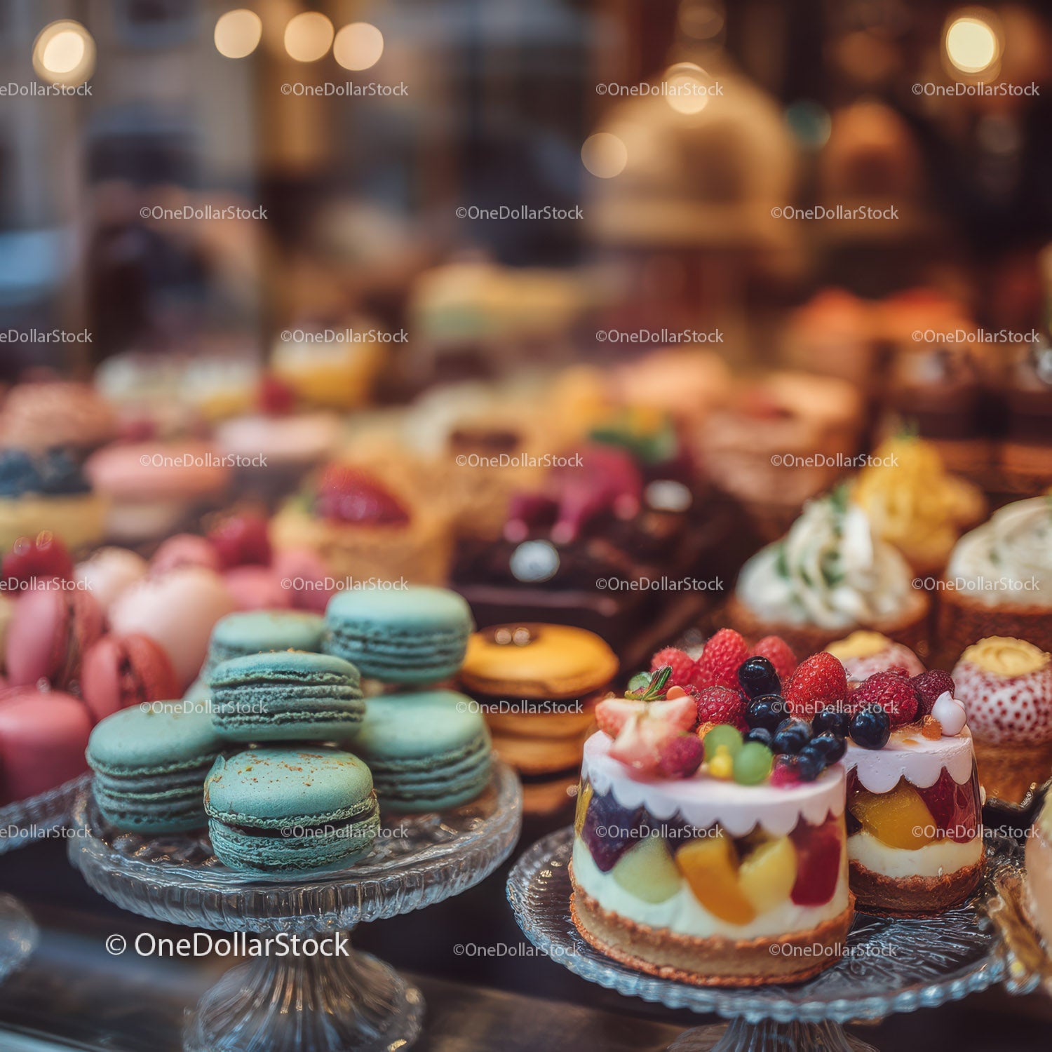 Colorful Assorted Pastries and Fruit Tarts Display in Bakery