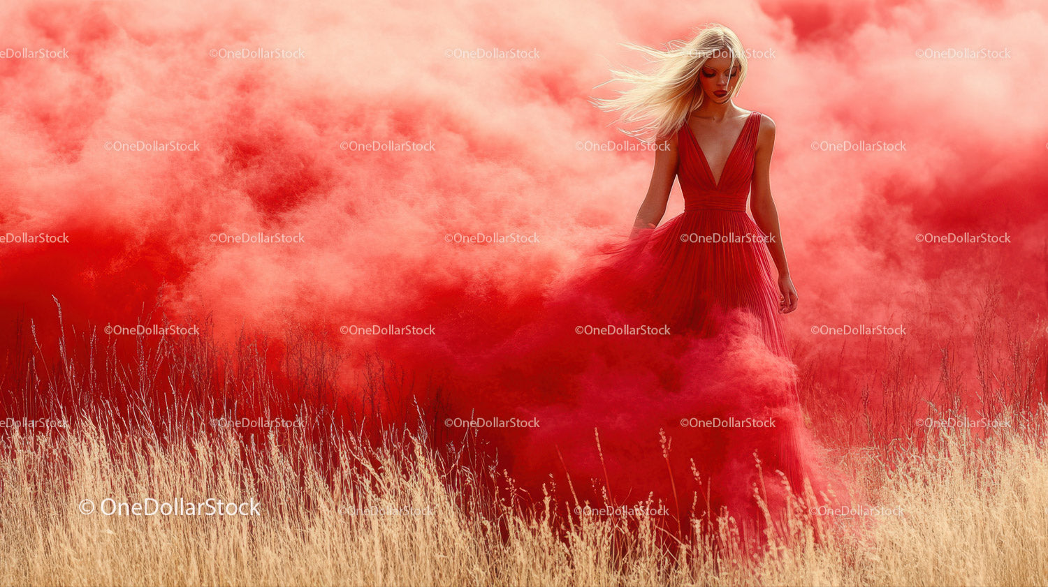Stylish Woman in Elegant Red Dress in Field with Red Smoke