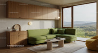 Modern living room with green sofa and landscape view