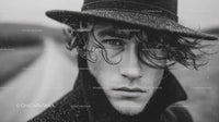 Moody Black and White Portrait of Man Wearing Stylish Hat in Rain