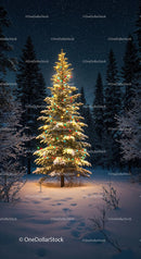 Illuminated Christmas Tree in Snowy Winter Forest Night