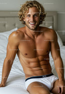 Smiling man with curly hair relaxing on bed in underwear