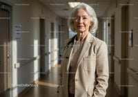 Senior Female Doctor in Hospital Corridor with Stethoscope