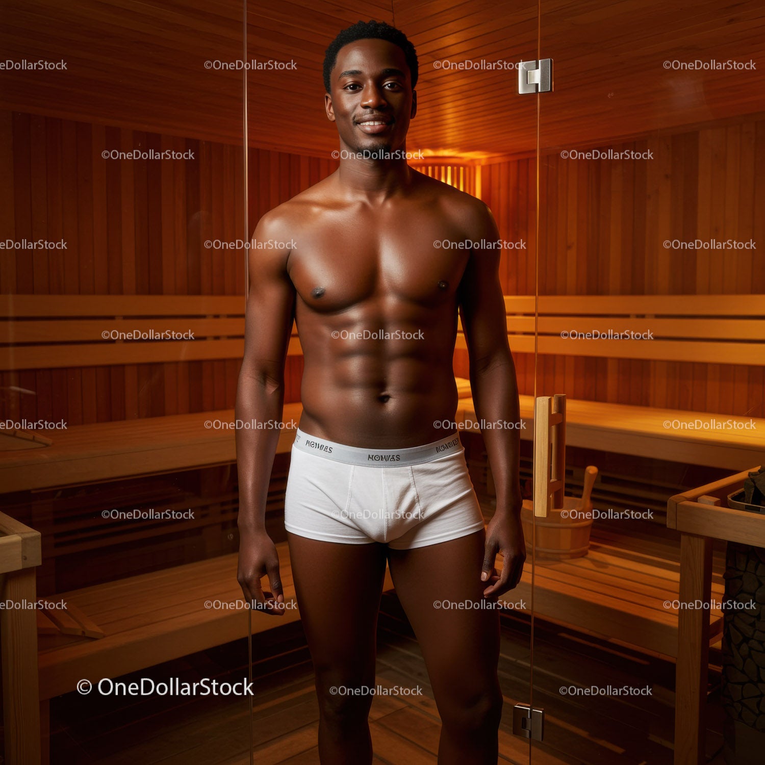 Young Fit Man Wearing White Boxer Shorts in Sauna Room