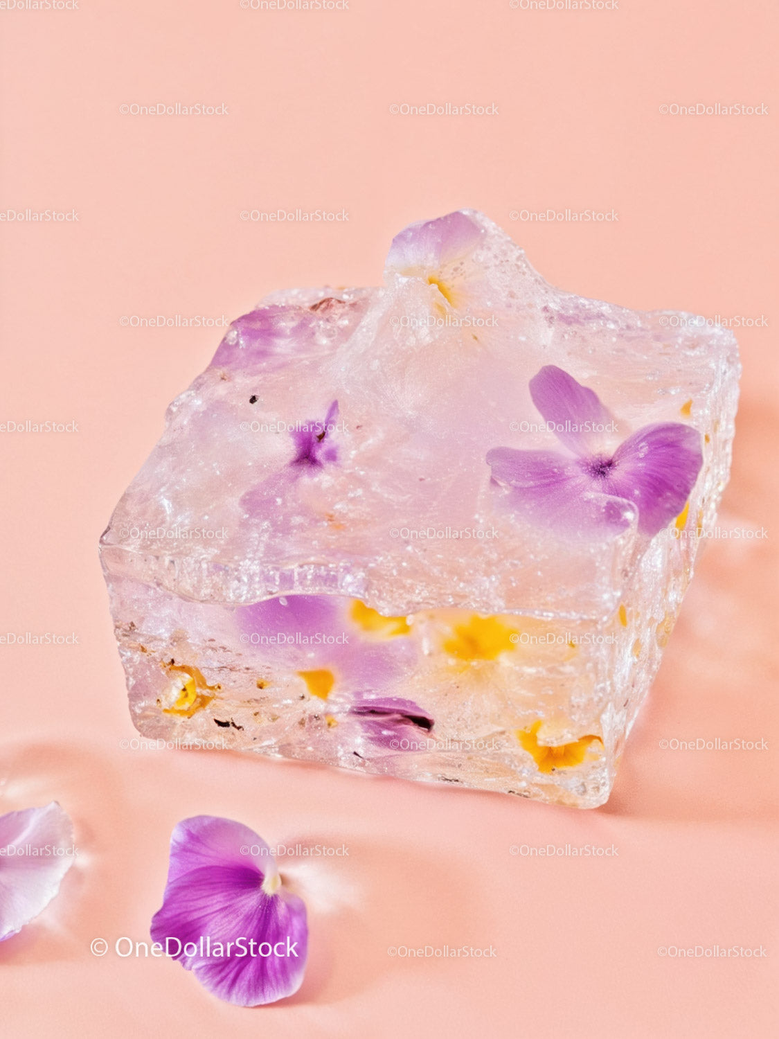 Frozen Flowers Encased in Clear Ice Cube on Pastel Surface