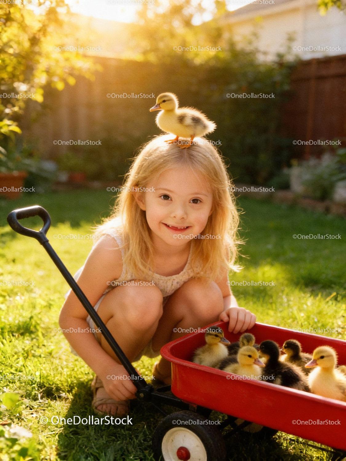 Happy girl playing with ducklings in sunny backyard