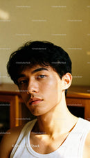 Thoughtful young man wearing white tank top indoors
