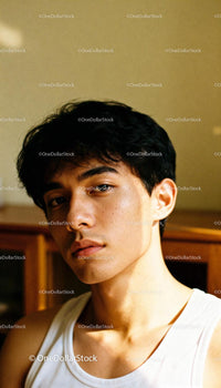 Thoughtful young man wearing white tank top indoors