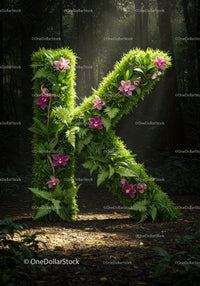 Floral Letter K Made of Greenery and Orchids in Forest