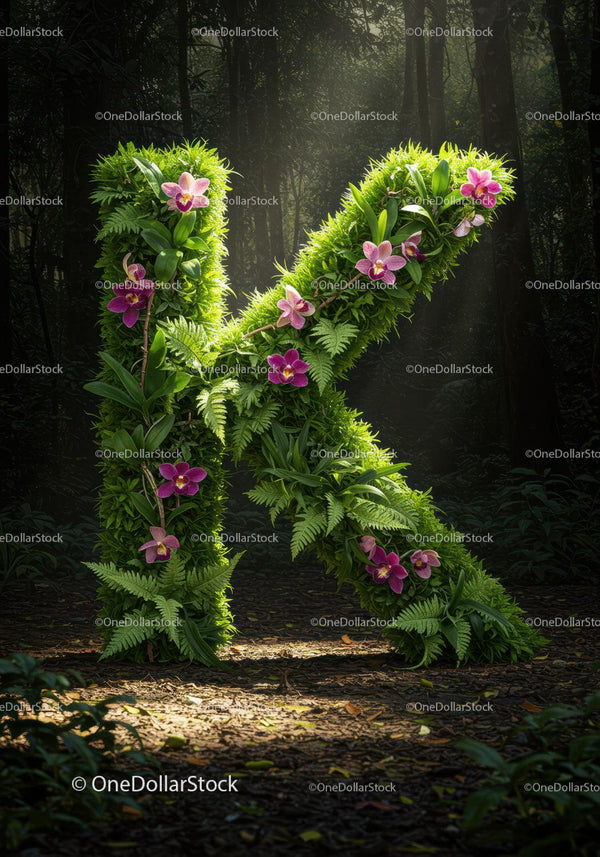 Floral Letter K Made of Greenery and Orchids in Forest