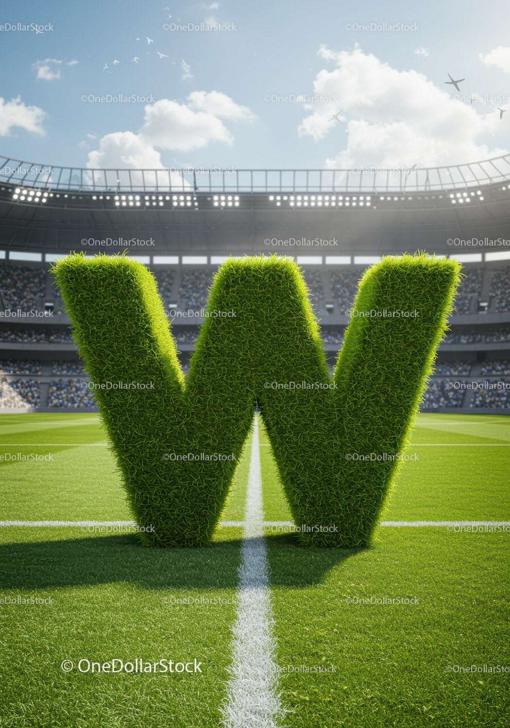 Green Grass Letter W on Soccer Field with Stadium Crowd