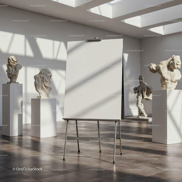 Blank easel in bright contemporary art gallery space JPG Mockup Image