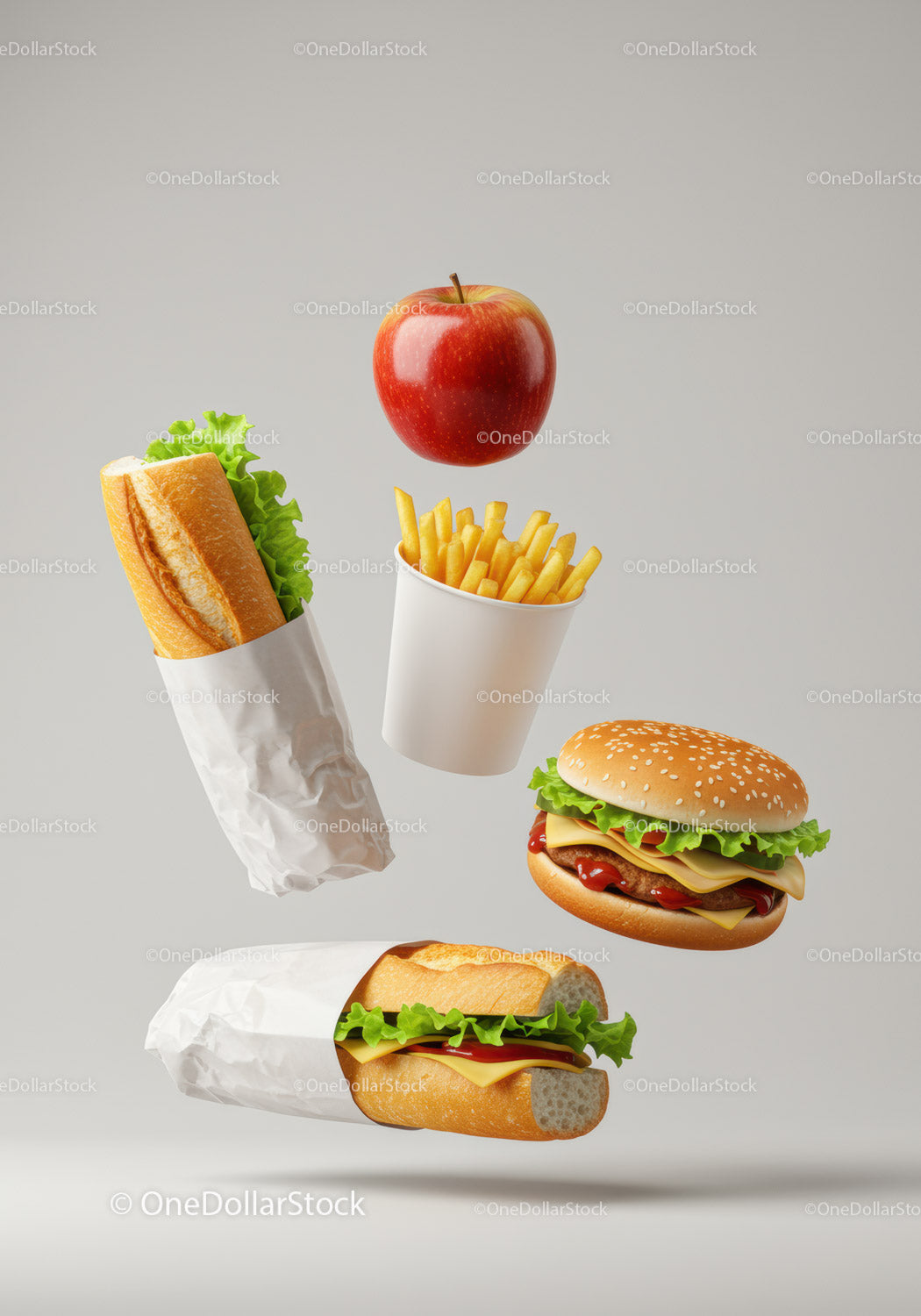 Floating Fast Food Items and Fresh Red Apple on Light Background
