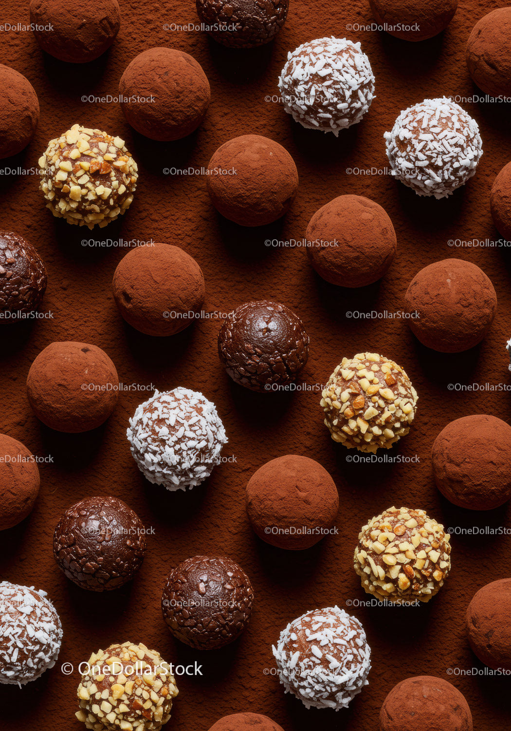 Assorted chocolate truffles with nuts and coconut flakes