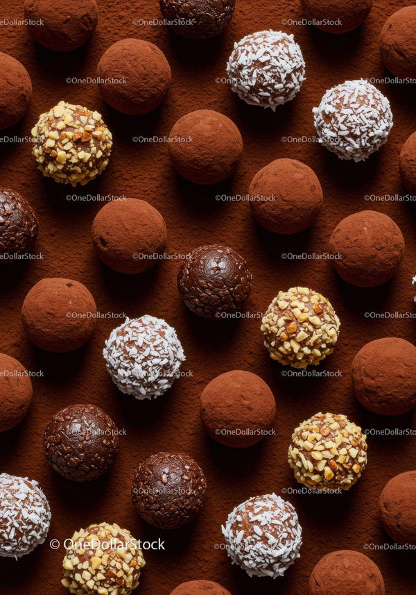 Assorted chocolate truffles with nuts and coconut flakes