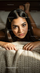 Elegant Young Woman Relaxing on Bed with Cozy Atmosphere