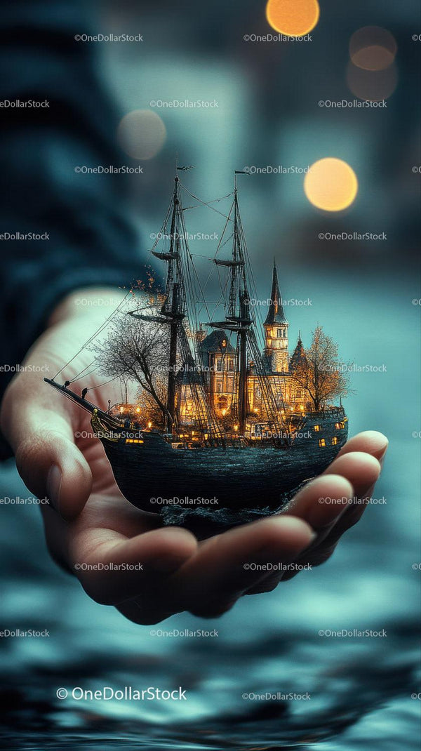 Miniature Ship With Lit House And Trees In Hands