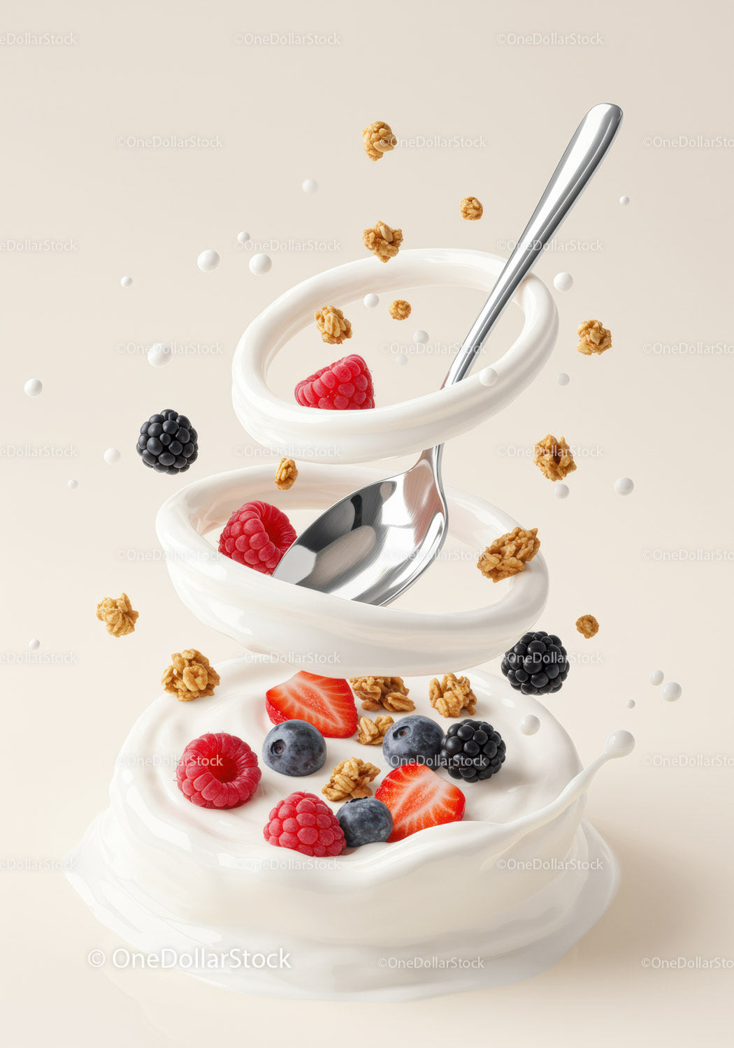 Świeże jagody i granola pływające w kremowym jogurcie