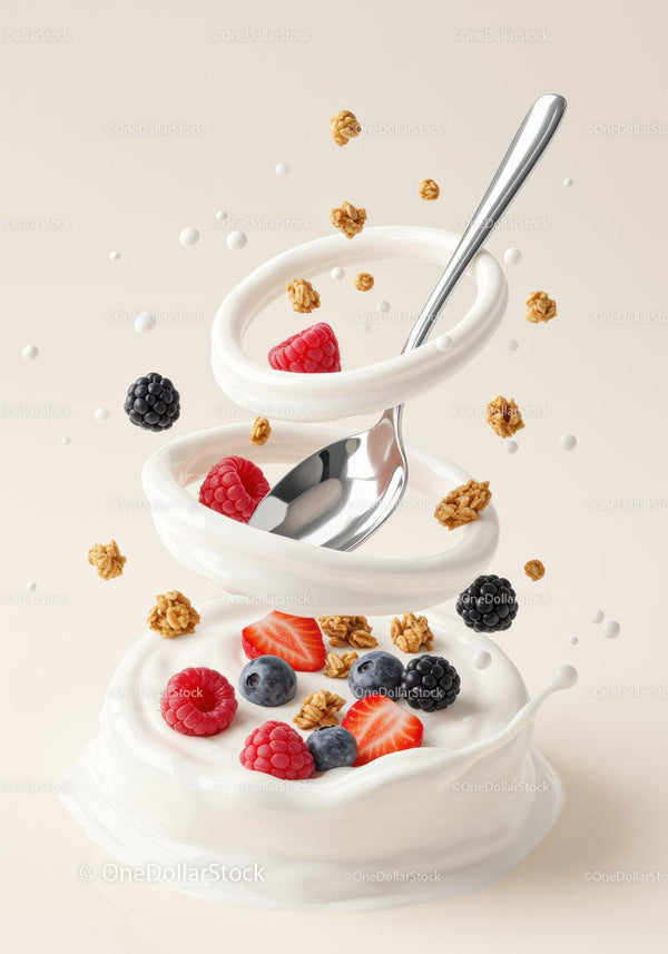 Fresh berries and granola floating in creamy yogurt