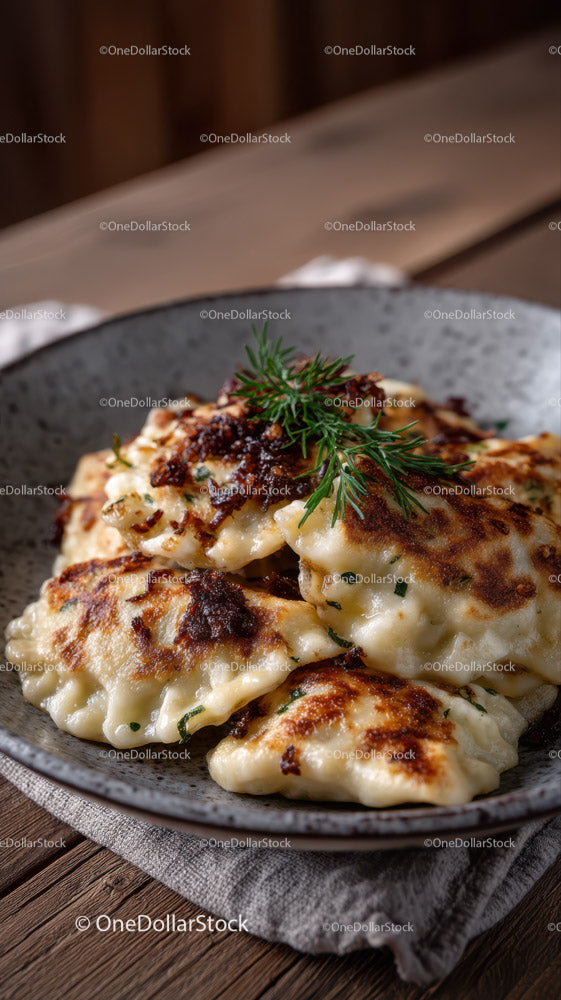 Pierogi smażone na patelni z chrupiącymi brzegami i świeżymi ziołami