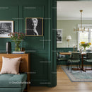 Elegant Green Wall Living Room with Modern Decor and Artistic Touches