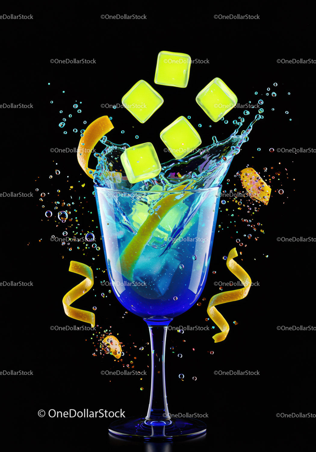 Blue cocktail with lemon zest and ice cubes splash