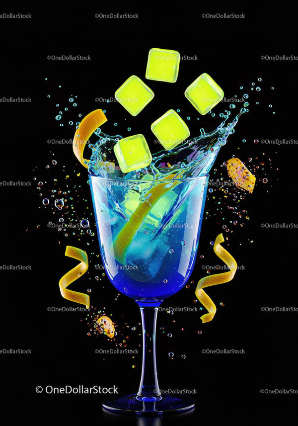Blue cocktail with lemon zest and ice cubes splash