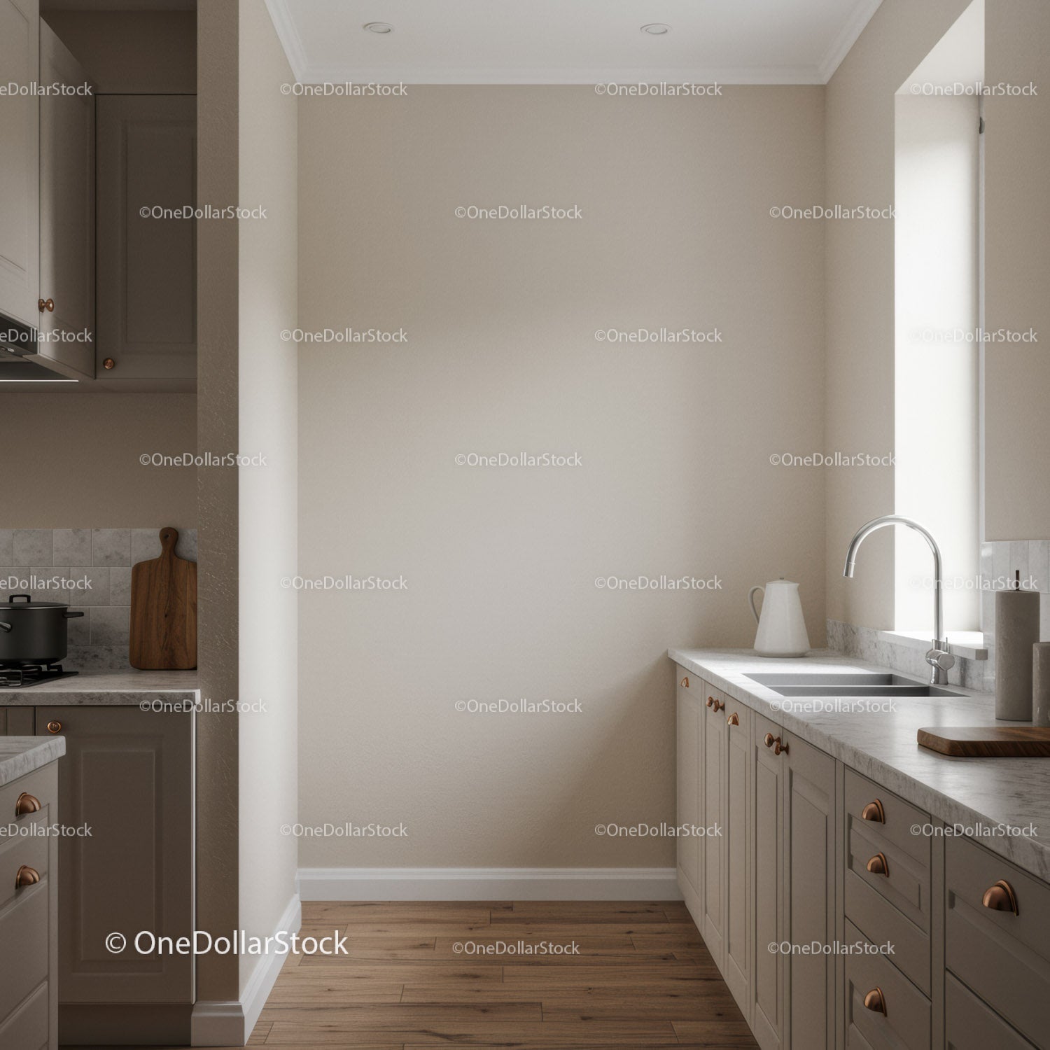 Modern Kitchen with Beige Walls and Wooden Cabinets Creating Cozy Atmosphere