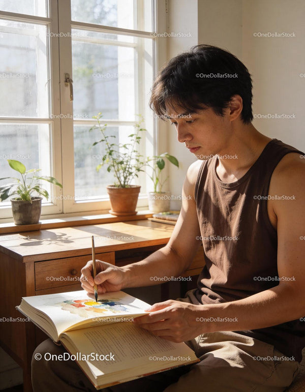 Young man painting watercolors near sunny window