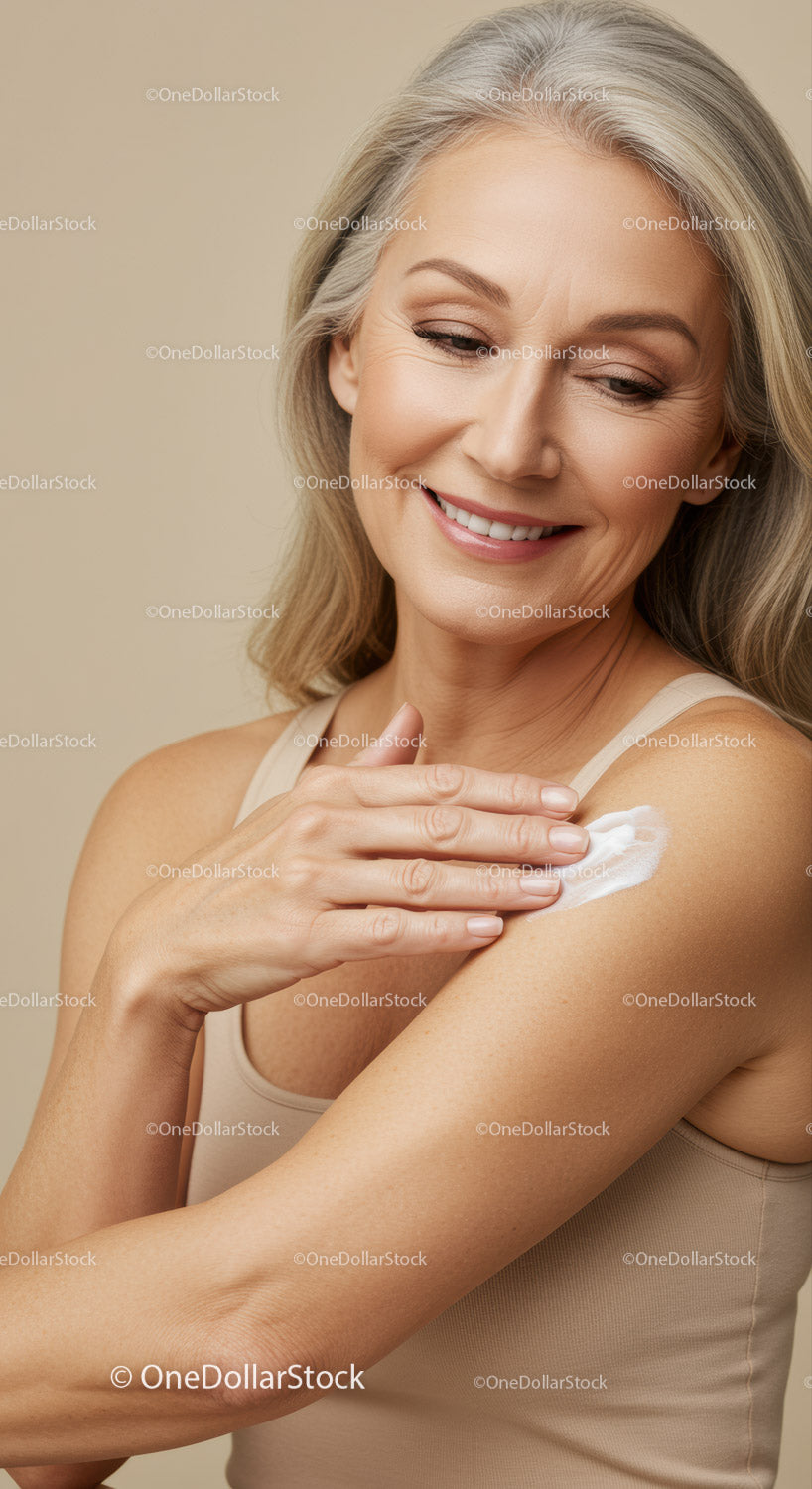Elegant Elderly Woman Smiling While Applying Skin Lotion for Mature Skin