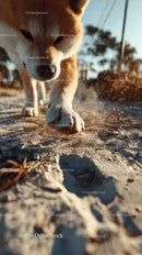 Cute Dog Digging in Sand on Beach During Sunset