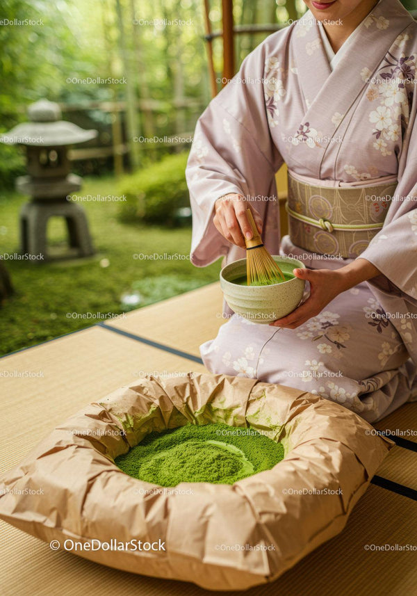 Japońska kobieta ubierająca się w tradycyjny kimono i przygotowująca herbatę matcha