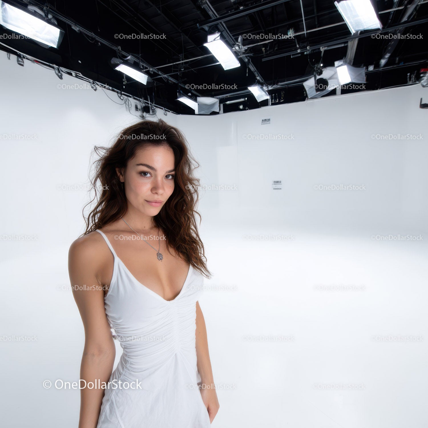 Elegant Woman in White Dress Portrait in Studio with Bright Background