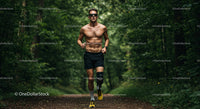 Male Runner with Prosthetic Leg Running Through Foggy Forest Trail