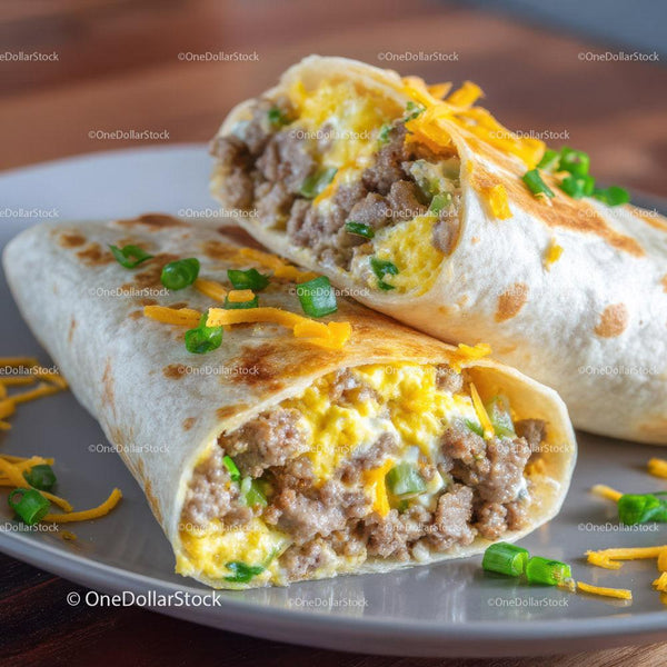 Syty burrito śniadaniowe z wołowiną i jajkami, cheddar i zieloną cebulką